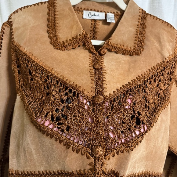 Vintage Y2K Carducci 100% Suede Crocheted Jacket Tan Brown Boho Western  Medium - Picture 14 of 14